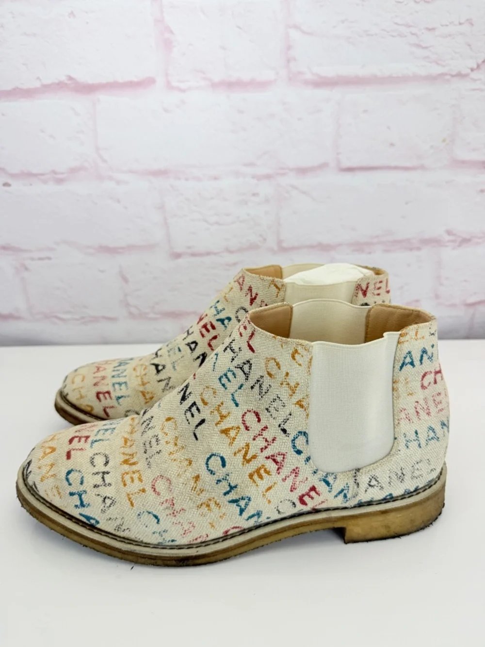 Chanel Graphic Multicolor Logo Canvas Chelsea Boots 41